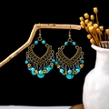 Bohemian fan-shaped earrings with vintage gold metal fringe and blue turquoise beads - E5873-2 (Retro Gold Blue Beaded)
