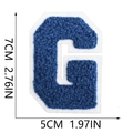 Detailed view of a 7cm blue chenille letter G patch with white felt border and dimensions - Blue-Letter G