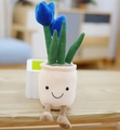 Cute plush potted tulip toy with blue flowers and smiling face detail on beige pot - Blue Tulip