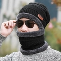 Men's winter knit beanie and neck warmer set in black with thick gray fleece lining - Adult Style (Hat And Neck Warmer) / Black