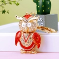 Sparkling red and gold owl keychain with crystal rhinestones on a metal keyring - A430 Owl P Red