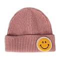 Pink ribbed knit beanie featuring a yellow embroidered smiley face patch for winter - One Size / Pink