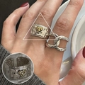 Vintage silver-toned hammered heart ring and chain style ring set worn on finger - Heart Decor Hammered/Chain
