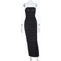 Slim fit black lace tube dress with backless design and slit hem on mannequin - XS / Black