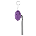 Oval purple personal alarm with a gray braided lanyard and metal keychain on white background - Purple