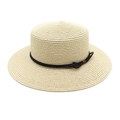 Classic wide-brim straw hat for women featuring black rope band and flat top beach style - M (56-58cm) / Beige