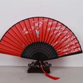 Japanese style folding fan in red silk with white plum blossoms and colorful butterflies - Black Ribs Style 45