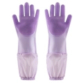 Purple silicone pet grooming gloves with soft bristles and extended fabric cuffs - Purple (Extended)