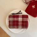 Detail view of red plaid tweed pouch with zip cord and simple wish woven label - Gold Thread Red White Large Grid