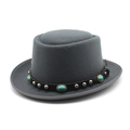 Gray wool pork pie hat with black leather band, turquoise accents and silver rivets - M (56-58cm) / Gray
