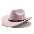 Close-up of pink felt cowboy hat featuring vintage woven band with metal buckles - M (56-58cm) / Pink