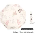 Ombrello automatico con simpatica illustrazione di gatto e rivestimento UV beige - 3-Pieghievole Automatico Colla Colorata Torta Gatto - Auto