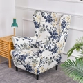 Floral print stretch wingback chair cover in navy blue and yellow patterns - Flower Sea
