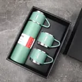 Emerald green stainless steel vacuum flask gift set with two matching handle cups - Gift Set (1 Flask + 2 Cups) / Emerald Green