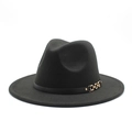 Classic black wool fedora hat with flat brim and decorative gold chain buckle detail - M (56-58cm) / Black