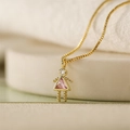 Mini girl pendant necklace with pink triangle stone and gold box chain for women - October Pink