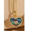 Golden shell heart pendant necklace with blue-green abalone inlay and cubic zirconia - Double Heart Style (14K Gold) (XL2397)