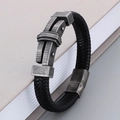 Pulsera trenzada de cuero negro para hombre con cierre de metal plateado envejecido - 19cm / Negro Vintage