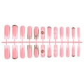 French tip press-on nails with 3D floral accents, rhinestones and pink glitter gradients - Pink French 3D Flower Style (A2-13927-Strip)