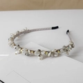 Detailed view of handcrafted light gray headband with crystals and faux pearls - Style SJ009 Flower / Gray