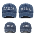 Close-up of Daddy, Mama and Mini embroidery on washed navy blue denim baseball caps - 4pcs Navy Blue (DADDY+MAMA+2*MINI)