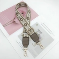 Close-up of adjustable ethnic jacquard bag strap with coffee geometric snowflake patterns - Dark Khaki with Dark Khaki Leather