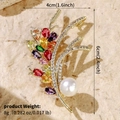 Wheat ear brooch in gold with colorful crystals and white pearl, size 6x4cm - Gold Colorful Floral Pearl (BRS-J417GCAI)