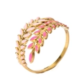 Chic 18k gold plated open ring with pink enamel leaves in a layered nature design - Adjustable Open / Pink Gradient Leaf