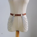 Sexy punk style brown PU leather body chain with multi-layer silver metal tassels and chains - Brown