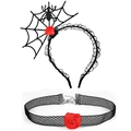 Detail shot of Halloween spider web headband and red rose lace choker set in black and red - 10# Red Rose Black Mesh Set