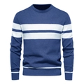 Men's crew neck striped knit sweater in a blue and white colorblock pattern - Dark Blue