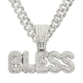 Close-up of silver-tone BLESS letter pendant necklace with sparkling crystal details - 50cm Cuban Chain / Silver