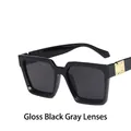 Glossy black square sunglasses with dark grey lenses and gold metal temple accents - Glossy Black/Grey Lens