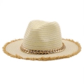 Beige straw sun hat with fringe brim and decorative gold chain accent for women - M (56-58cm) / 1 Milk White (Frayed Edge)