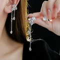 Detailed view of elegant silver flower tassel ear cuff with sparkling zircon crystals - Floral Leaf Tassel Ear Bone Clip Style (15# Silver Earring Post - Silver-Left)