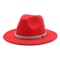 Detail of red wide-brimmed wool fedora with sparkling rhinestones and an M metal badge - M (56-58cm) / Red
