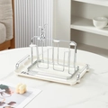 Silver metal cup holder with rabbit detail and beige plastic draining tray - House Milk White Small Tray With Handles + 6 Cup Rack