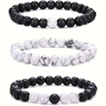 Close-up of beaded bracelet set with lava stone, white turquoise, and matte black beads - White Turquoise Matte Black Lava