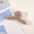 Faux fur hair claw clip in khaki for women, soft plush shark clip for winter hairstyles - Plush Solid Color Claw - Dark Coffee