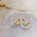 Golden hoop earrings with hammered metal finish and white shell inlay detail - White Folded Hoop (Real Gold Plated)