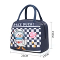 Navy blue space duck insulated lunch bag with checkerboard pattern and carry handles - Navy Plaid Duck Cute