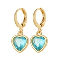 Close-up of heart-shaped blue crystal drop earrings in gold-plated copper finish - Sky Blue