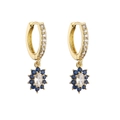 Detailed view of floral huggie earrings with marquise-cut center and blue pavé stones - Dark Blue and Clear