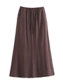 Detail of dark brown pleated midi skirt featuring a drawstring elastic waistband - S / Skirts / Dark Brown