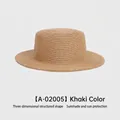 Flat top woven khaki straw hat for women with medium brim and structured crown - 54-58cm / Khaki