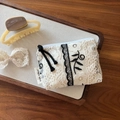 Lace embroidery mini pouch set with floral patterns, bow clip and hair claw on wooden tray - Black & Beige Floral Embroidery (Including Hair Accessories Set)