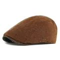 Brown corduroy flat cap with leather brim and vintage metal logo detail for winter - Adjustable / Coffee