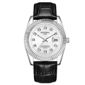 Luminous quartz watch for men with silver fluted bezel and black leather strap - Black Strap Silver Case White Dial Men's