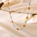 Gold daisy necklace with colorful enamel flowers and blue evil eye charms on silk - Evil Eye & Daisy