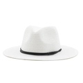 Detail of white straw Panama hat featuring fine weave and pleated black decorative band - M (56-58cm) / White